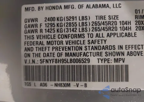 2020 Honda Passport Awd Touring z USA, uszkodzony, nr VIN 5FNYF8H95LB006529